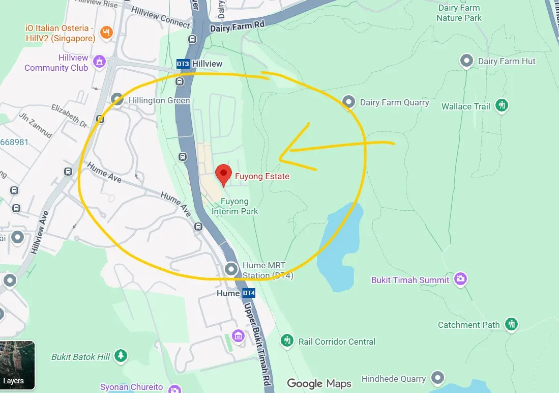 Annotated map showing Fuyong Estate beside the Rail Corridor, between Hillview and Hume MRT stations on the Downtown Line