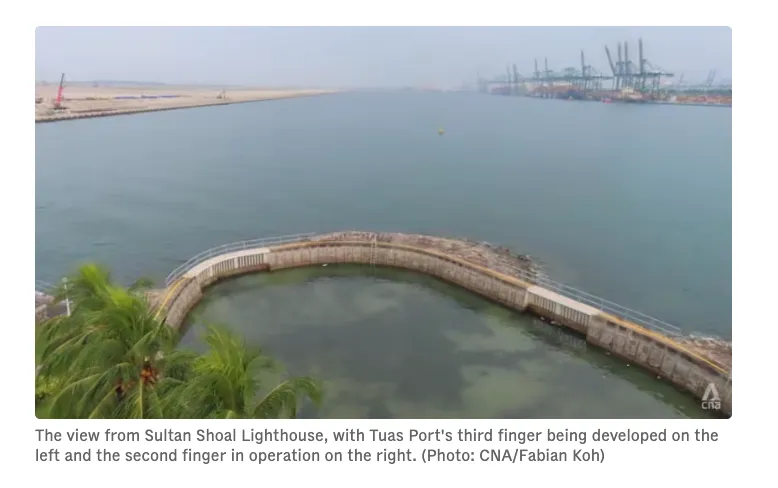 The view from Sultan Shoal Lighthouse, with Tuas Port's third finger under development on one side and the second finger in operation on the other