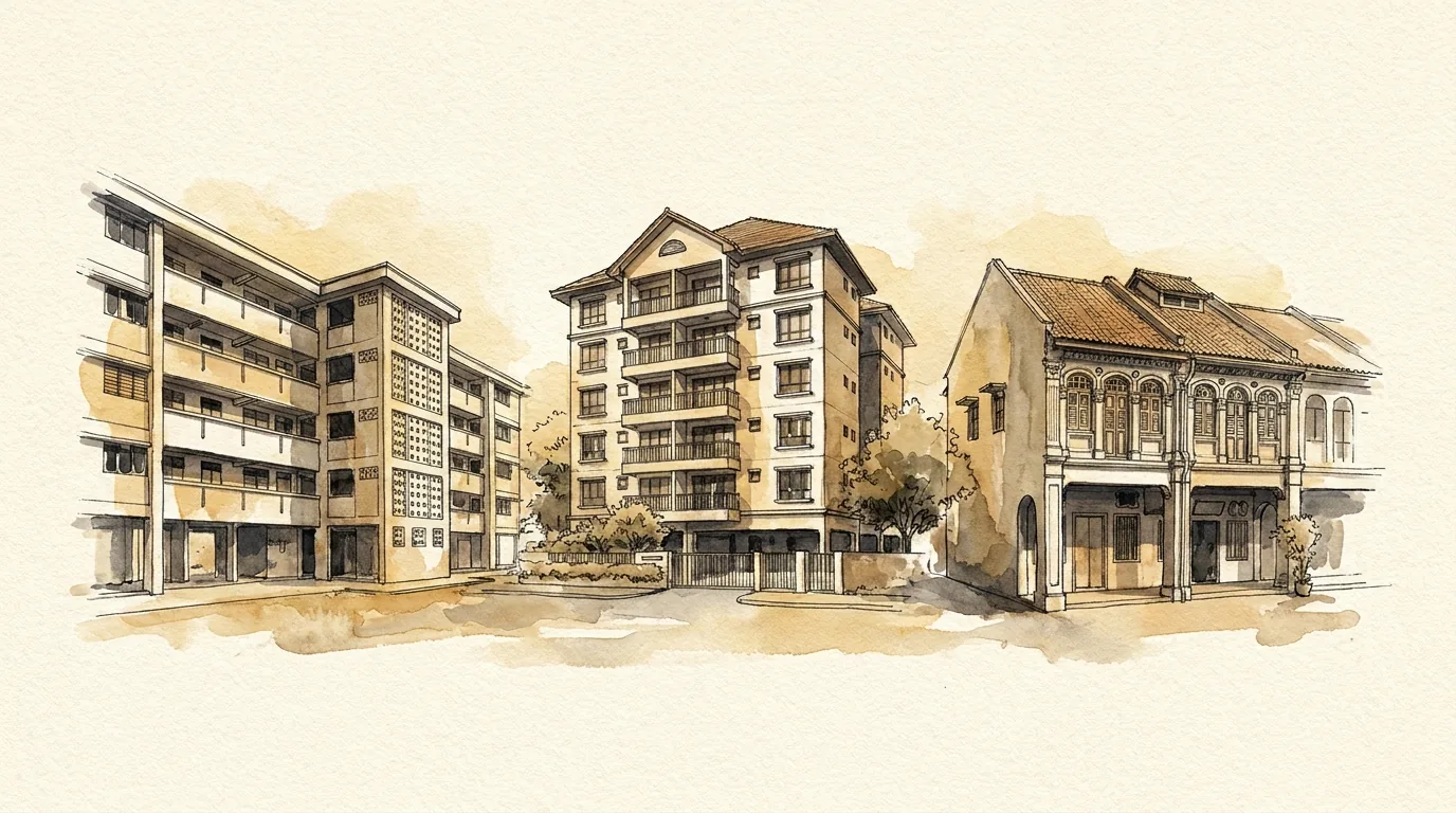Watercolour illustration of three Singapore homes in sequence — an HDB block, a condominium and a terrace house — in a warm cream and ink palette