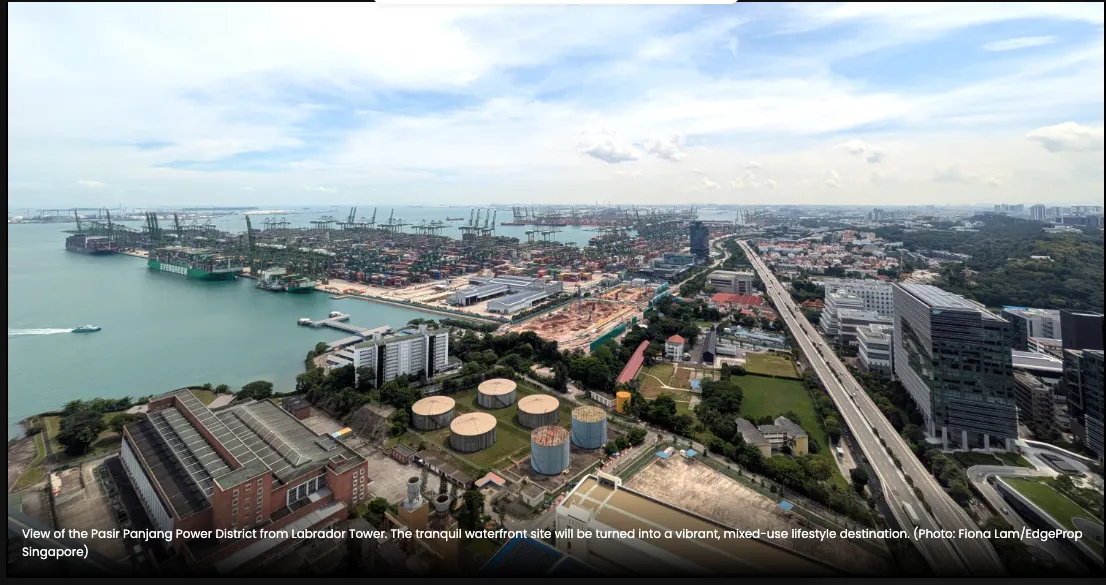 Aerial view of the Pasir Panjang Power District and port terminal from Labrador Tower, with container cranes along the coast and the AYE running past business parks