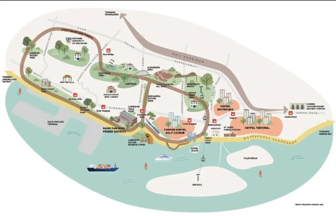 Illustrative map of the Greater Southern Waterfront corridor showing the Pasir Panjang Power District, Labrador Nature Reserve, the former Keppel Club site, Keppel Terminal and the planned waterfront promenade towards Marina Bay