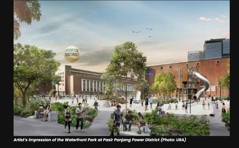 Artist's impression of the future Waterfront Park at Pasir Panjang Power District, with families in an open plaza in front of the conserved 1950s power station buildings