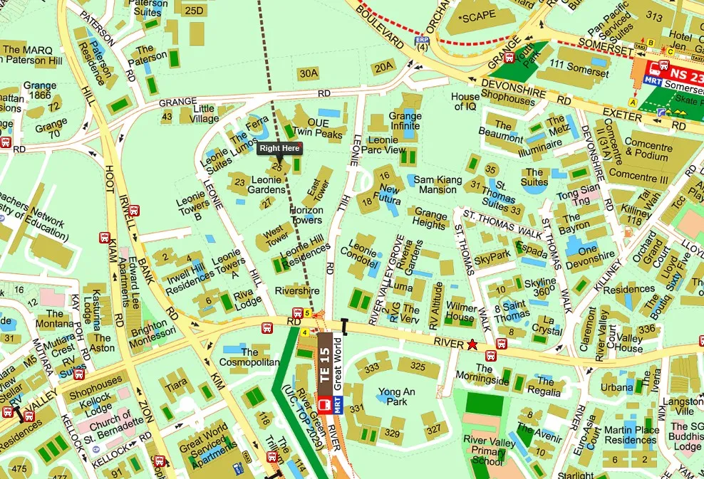 Street map of the Leonie Hill neighbourhood in District 9, showing Leonie Gardens surrounded by River Valley condos, with Great World MRT and Orchard Road within walking distance
