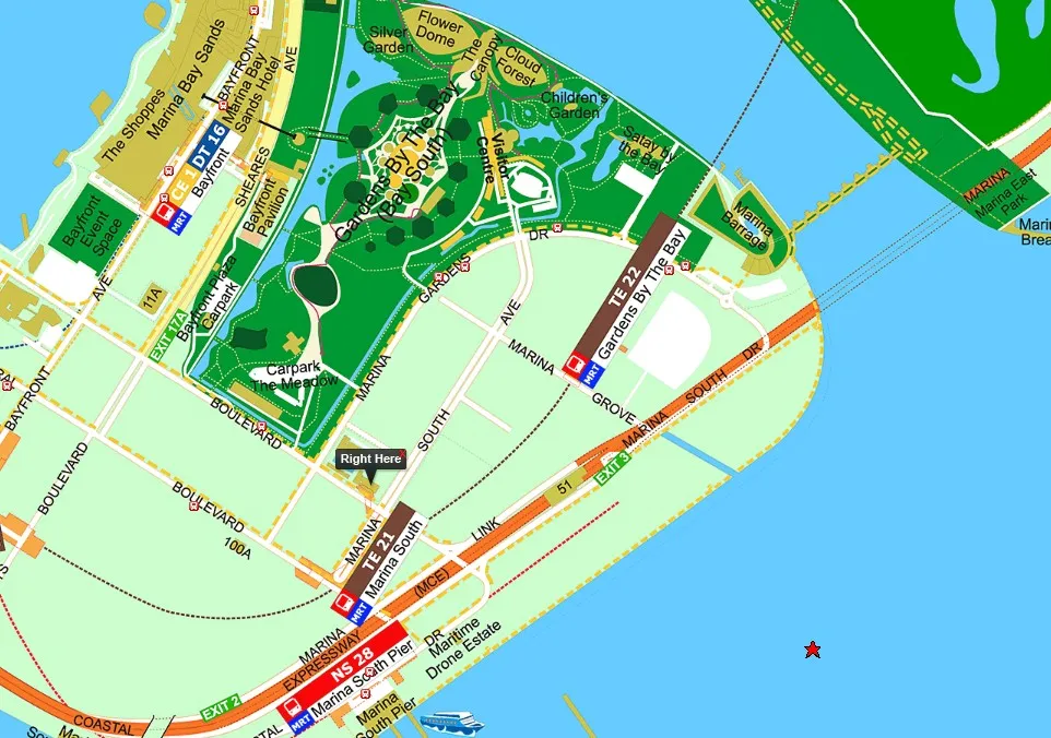 Street map of Marina South showing One Marina Gardens' site beside the upcoming Marina South MRT station and opposite Gardens by the Bay
