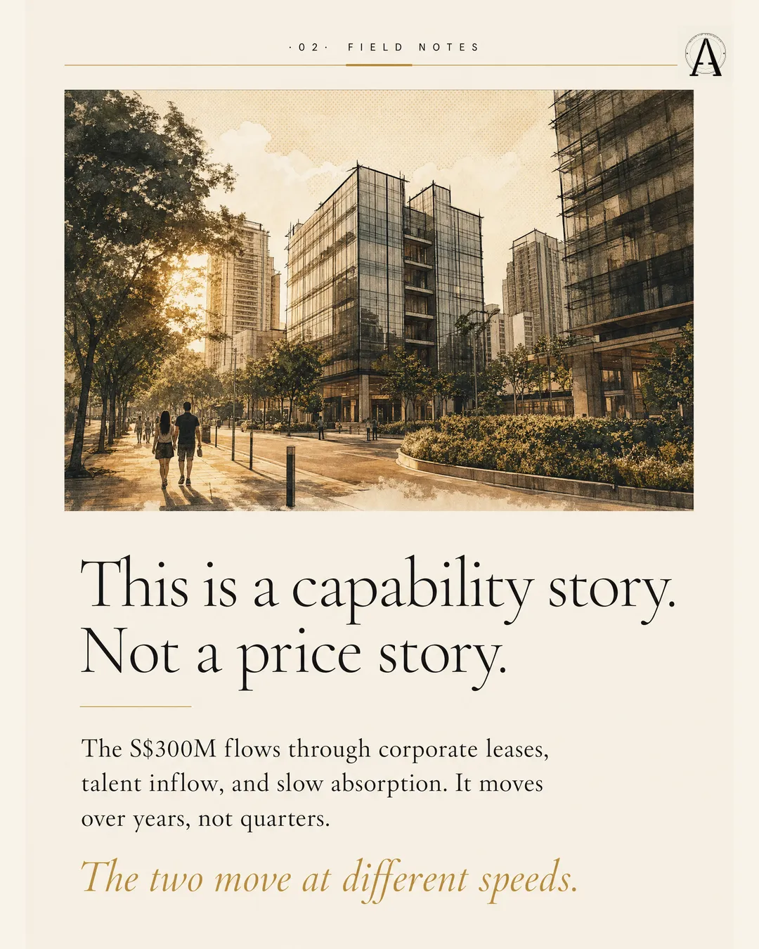 Brand slide reading 'This is a capability story. Not a price story' above an illustrated streetscape of glass office buildings at one-north