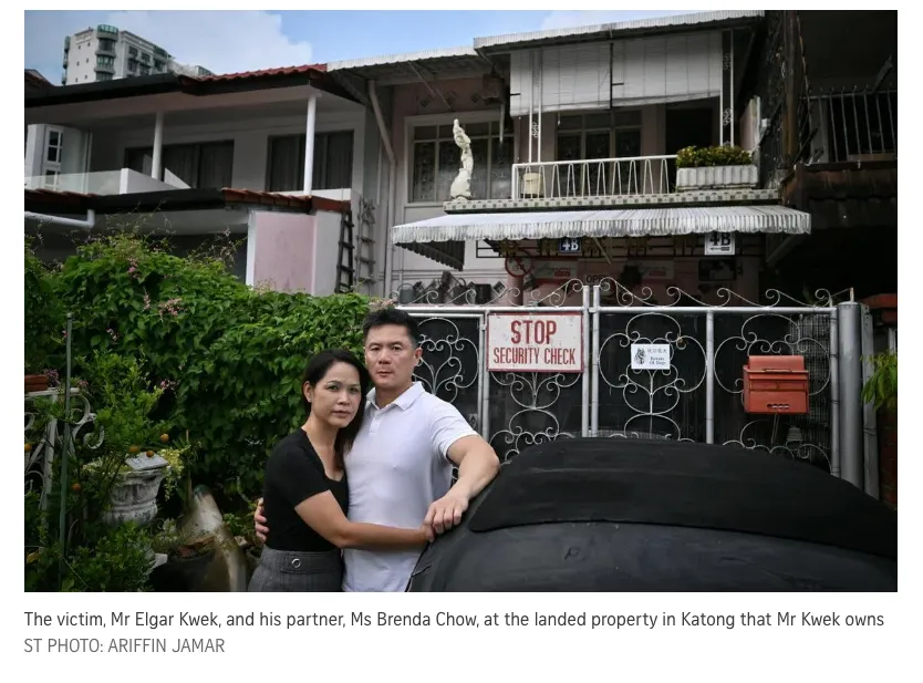 Mr Elgar Kwek and his partner Ms Brenda Chow standing at the gate of their landed property in Katong, the home an identity thief tried to use as loan collateral